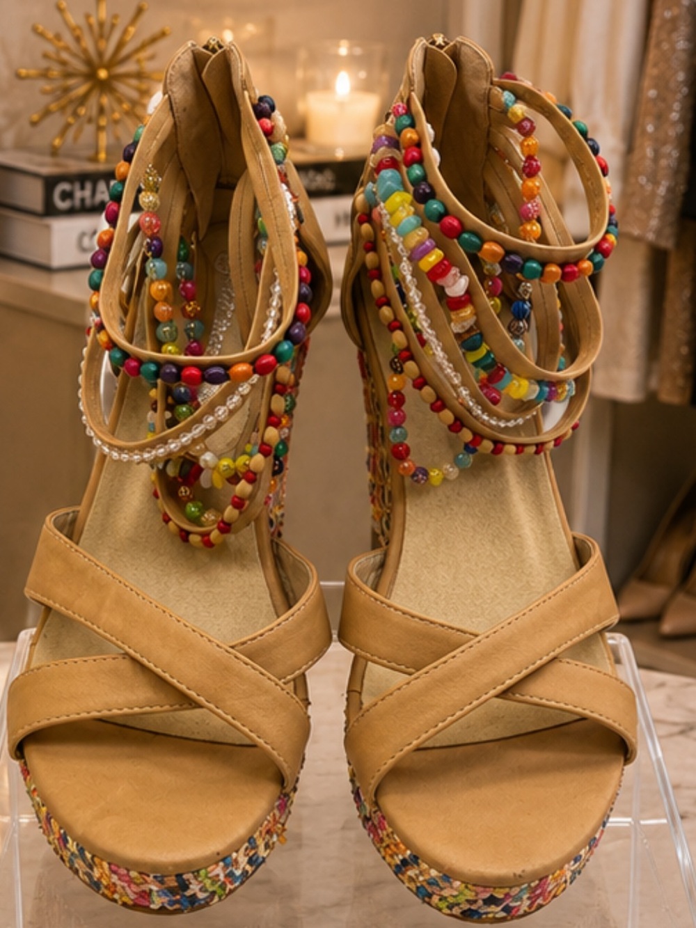 GetMoreBeauty Boho Beaded Wedge Sandals Women Size 39 EU 8.5 US Multicolor